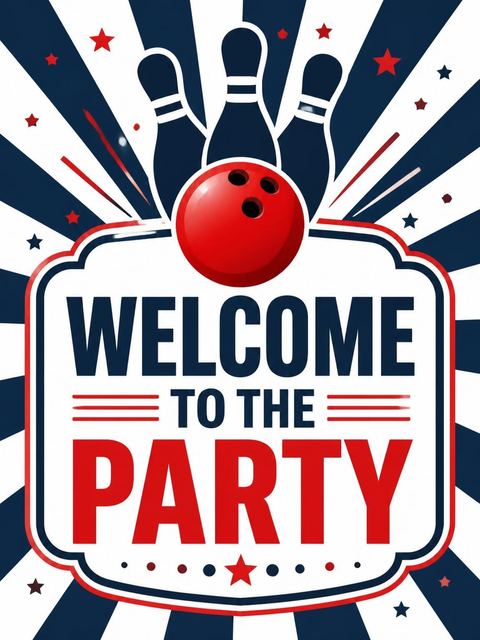 Welcome sign in the Red and Navy Bowling 7th Birthday design