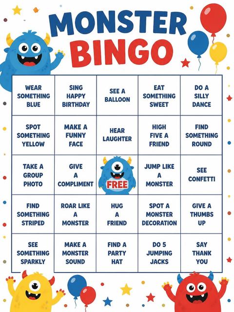 Bingo grid in the Blue Monster 5th Birthday Invitation design