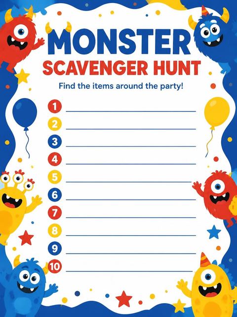 Scavenger hunt in the Blue Monster 5th Birthday Invitation design