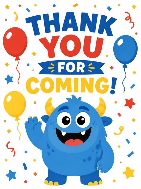Thank-you flat in the Blue Monster 5th Birthday Invitation design