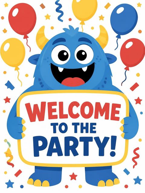 Welcome sign in the Blue Monster 5th Birthday Invitation design