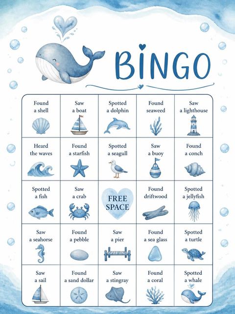 Bingo grid in the Blue Watercolor Whale 2nd Birthday design