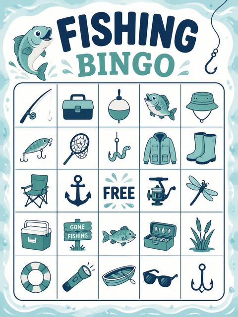 Bingo grid in the Blue Lake Fishing 3rd Birthday design