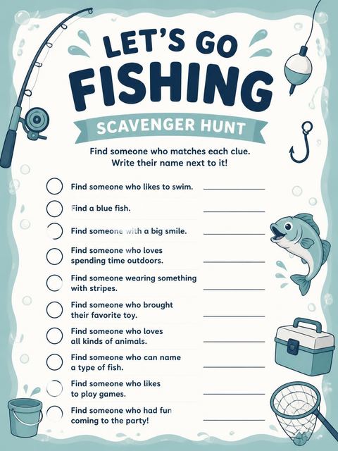 Scavenger hunt in the Blue Lake Fishing 3rd Birthday design