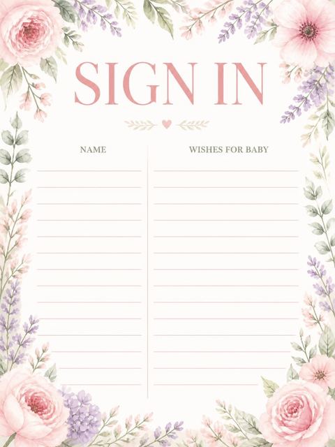 Guest sign-in sheet in the Watercolor Floral Ultrasound Baby Shower design