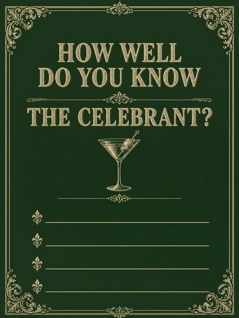 Couples trivia card in the Gold Martini Forest 30th Birthday Invitation design