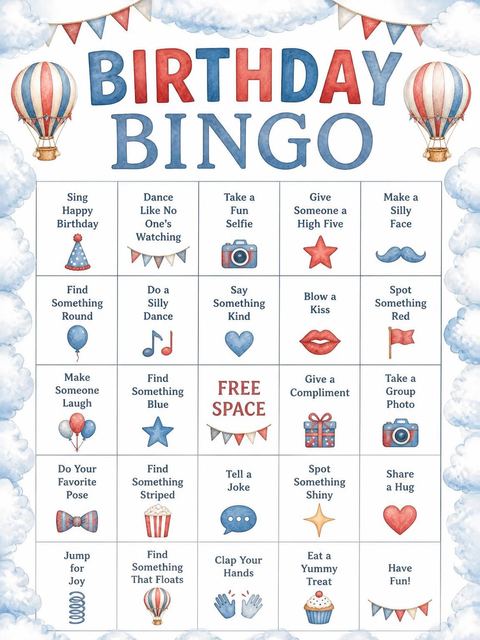 Bingo grid in the Watercolor Hot Air Balloon 7th Birthday design
