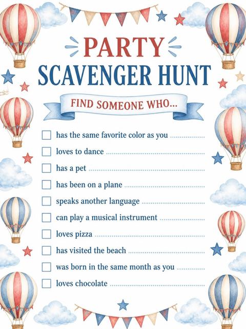 Scavenger hunt in the Watercolor Hot Air Balloon 7th Birthday design