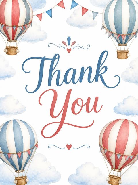 Thank-you flat in the Watercolor Hot Air Balloon 7th Birthday design