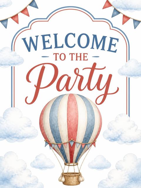 Welcome sign in the Watercolor Hot Air Balloon 7th Birthday design