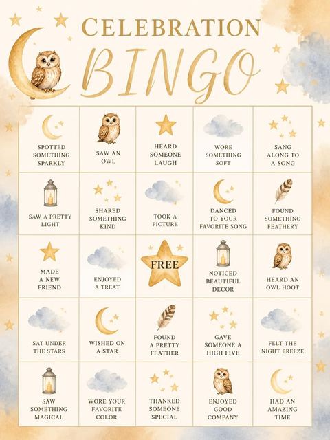 Bingo grid in the Watercolor Crescent Moon Owl 7th Birthday design