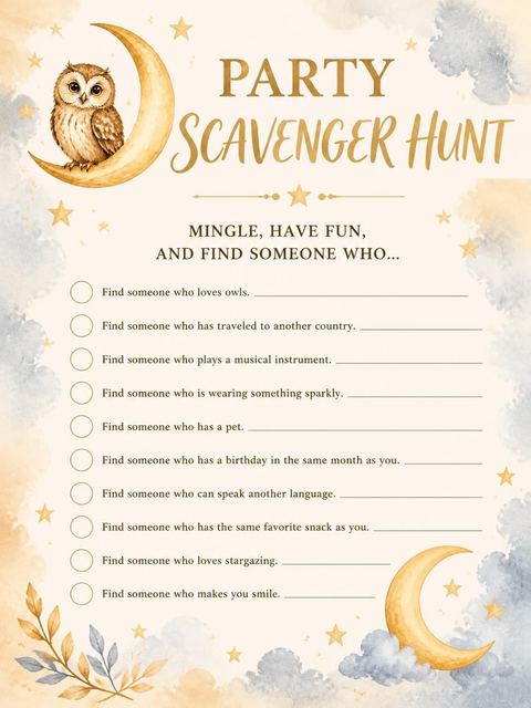 Scavenger hunt in the Watercolor Crescent Moon Owl 7th Birthday design