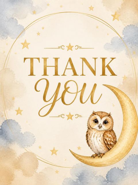 Thank-you flat in the Watercolor Crescent Moon Owl 7th Birthday design