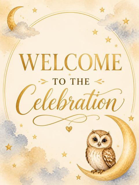 Welcome sign in the Watercolor Crescent Moon Owl 7th Birthday design