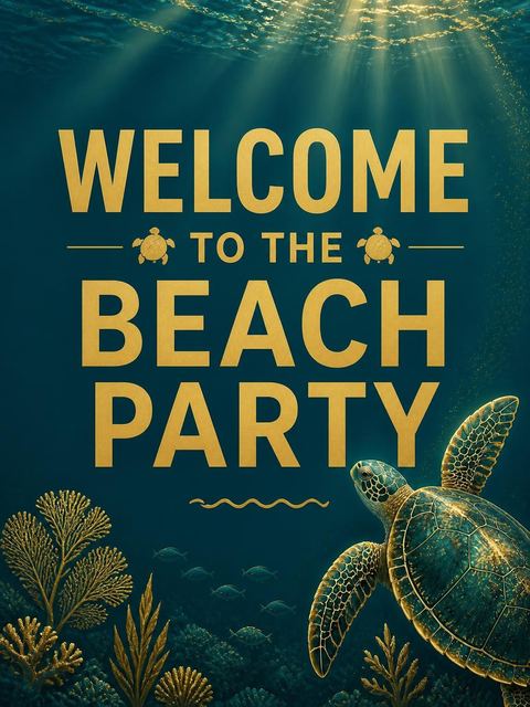 Welcome sign in the Teal Sea Turtle Beach Party design