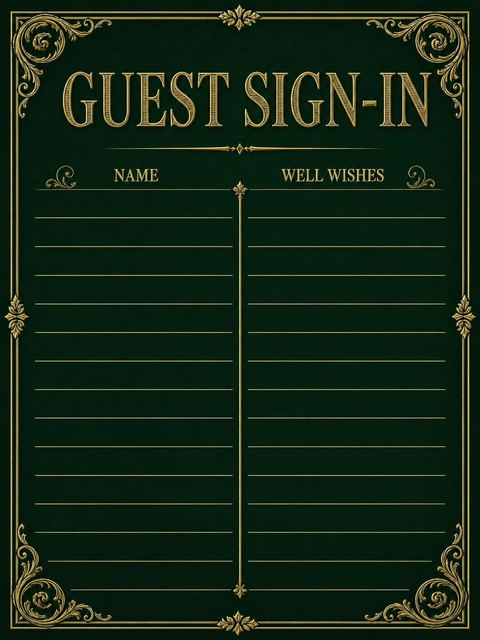 Guest sign-in sheet in the Emerald Gold Victorian 40th Birthday design