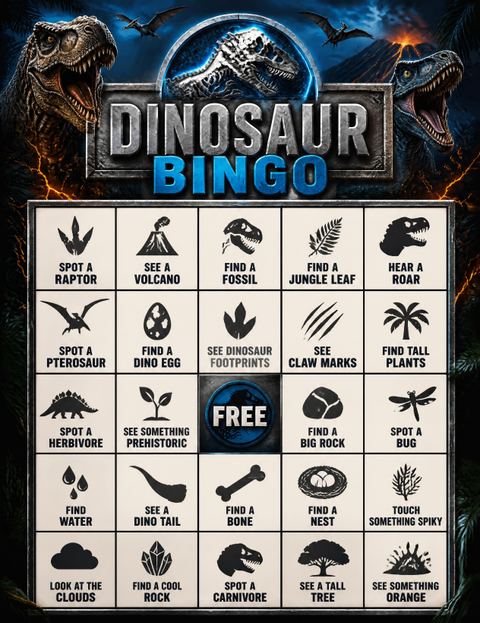 Bingo grid in the Jurassic Dinosaur 8th Birthday Invitation design