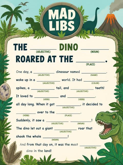 Mad libs in the Jurassic Dinosaur 8th Birthday Invitation design