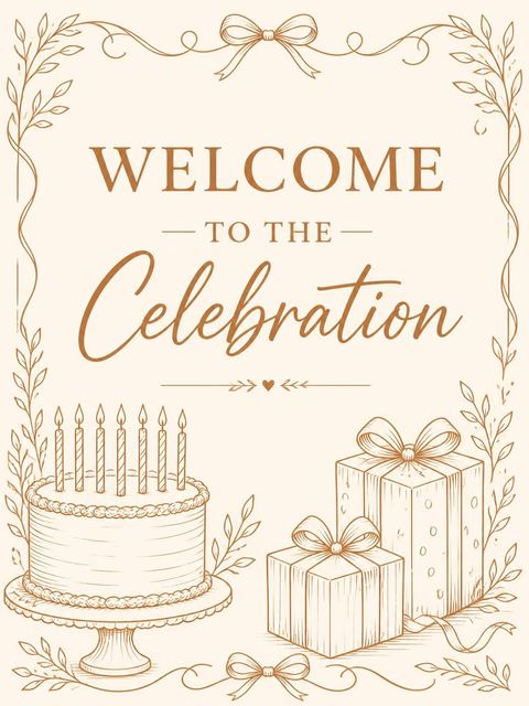 Welcome sign in the Bronze Illustration 60th Birthday Cake Invitation design