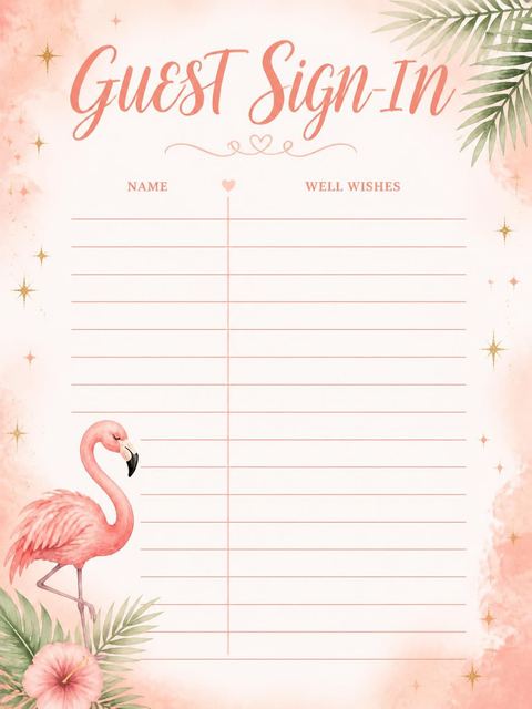 Guest sign-in sheet in the Watercolor Flamingo 2nd Birthday Invitation design