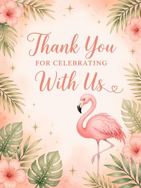Thank-you flat in the Watercolor Flamingo 2nd Birthday Invitation design