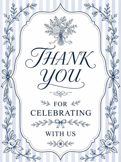 Thank-you flat in the Navy Stripe Botanical Ribbon Bridal Shower design