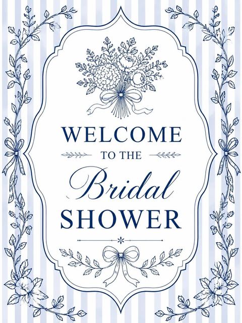 Welcome sign in the Navy Stripe Botanical Ribbon Bridal Shower design