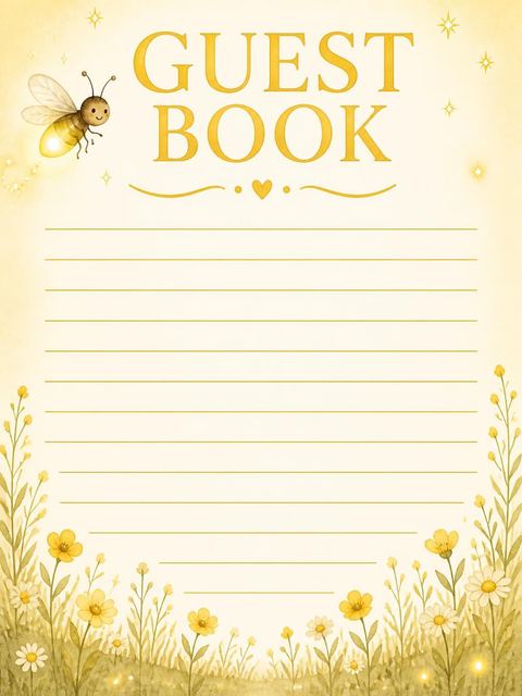 Guest sign-in sheet in the Watercolor Firefly Gold 1st Birthday design