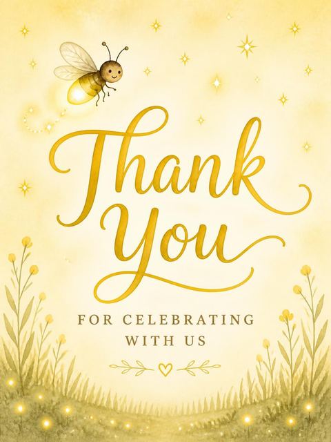 Thank-you flat in the Watercolor Firefly Gold 1st Birthday design