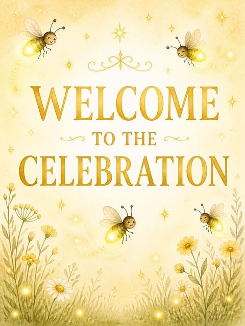Welcome sign in the Watercolor Firefly Gold 1st Birthday design