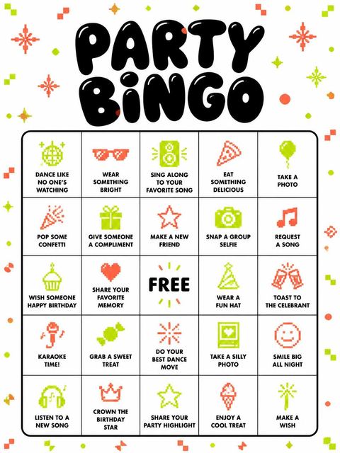 Bingo grid in the Retro Arcade 30th Birthday Invitation design