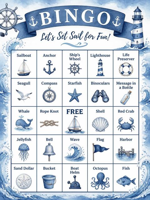 Bingo grid in the Navy Watercolor Sailboat 8th Birthday design