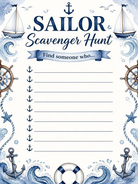 Scavenger hunt in the Navy Watercolor Sailboat 8th Birthday design