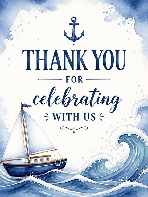 Thank-you flat in the Navy Watercolor Sailboat 8th Birthday design