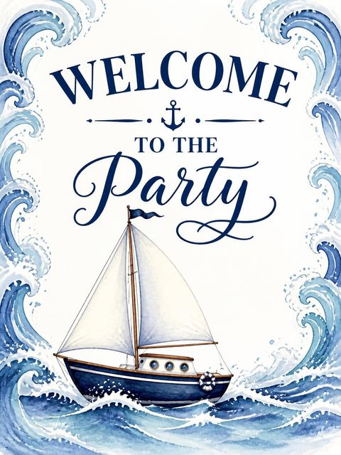 Welcome sign in the Navy Watercolor Sailboat 8th Birthday design