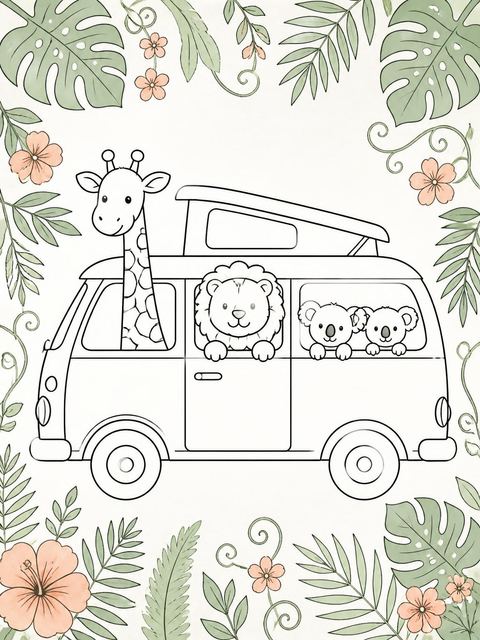 Coloring sheet in the Safari Camper Critters Baby Shower design
