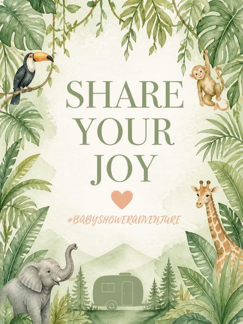 Hashtag card in the Safari Camper Critters Baby Shower design