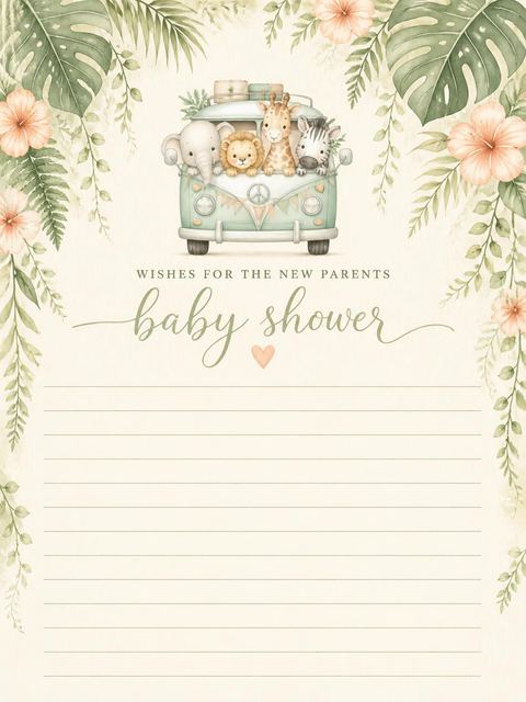Wishes page in the Safari Camper Critters Baby Shower design