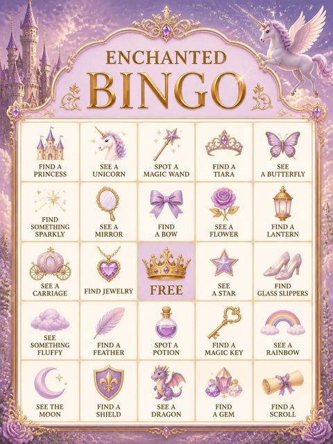 Bingo grid in the Lavender Castle Unicorn 6th Birthday Invitation design