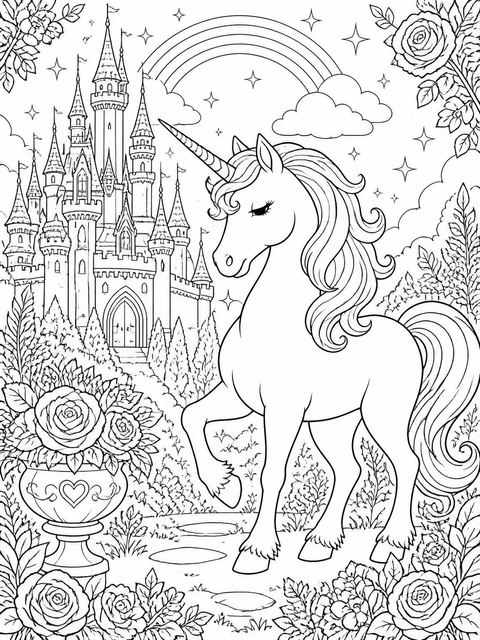Coloring sheet in the Lavender Castle Unicorn 6th Birthday Invitation design