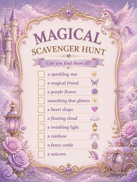 Scavenger hunt in the Lavender Castle Unicorn 6th Birthday Invitation design
