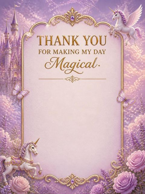 Thank-you flat in the Lavender Castle Unicorn 6th Birthday Invitation design