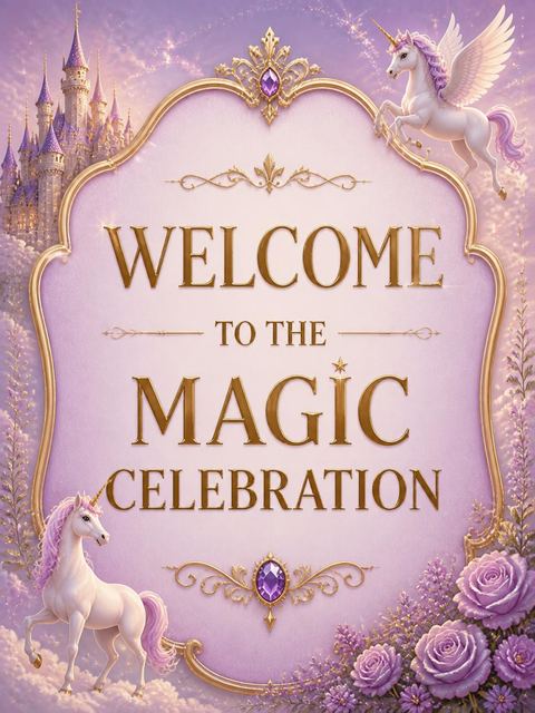 Welcome sign in the Lavender Castle Unicorn 6th Birthday Invitation design