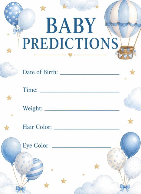 Predictions card in the Blue Watercolor Teddy Hot Air Baby Shower design