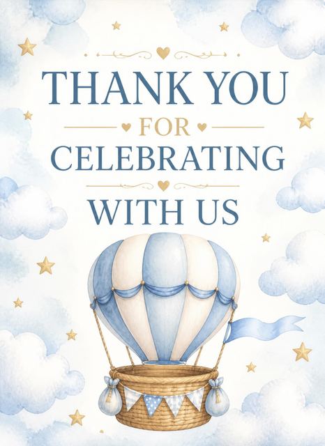 Thank-you flat in the Blue Watercolor Teddy Hot Air Baby Shower design