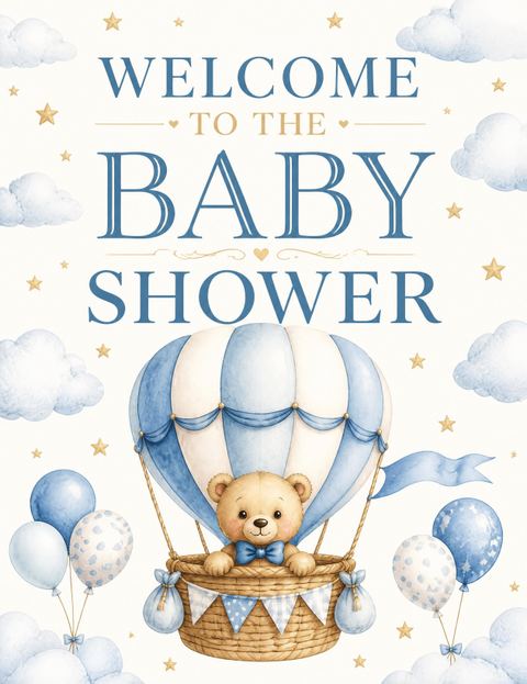 Welcome sign in the Blue Watercolor Teddy Hot Air Baby Shower design