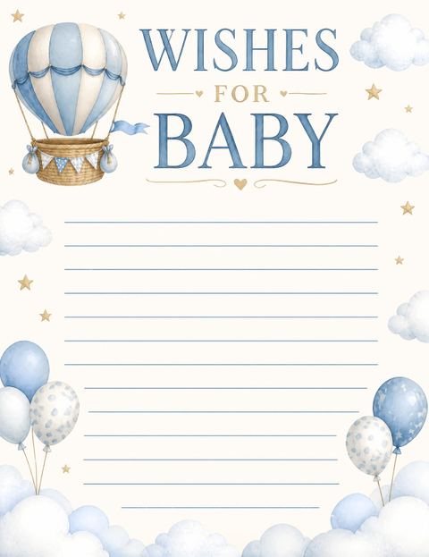 Wishes page in the Blue Watercolor Teddy Hot Air Baby Shower design