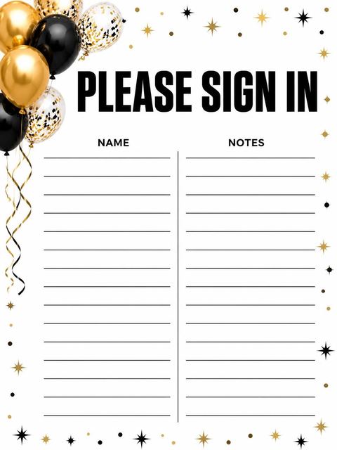 Guest sign-in sheet in the Gold and Black Balloon 1st Birthday design