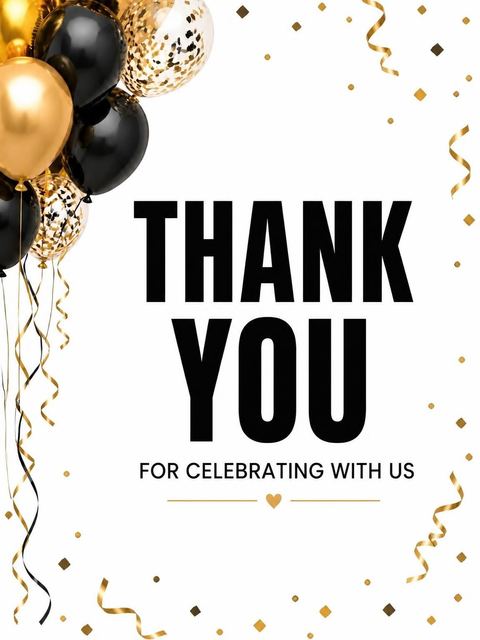 Thank-you flat in the Gold and Black Balloon 1st Birthday design