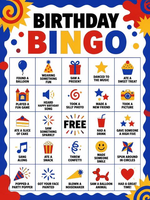 Bingo grid in the Primary Color Abstract 9th Birthday Invitation design